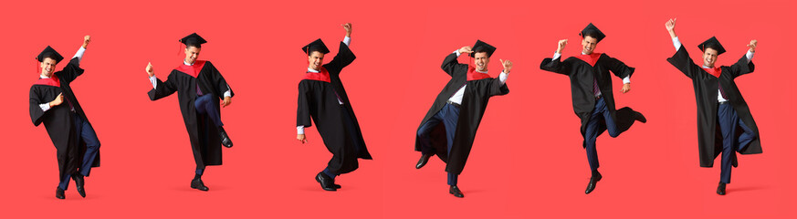 Collage of happy dancing male graduating student on red background