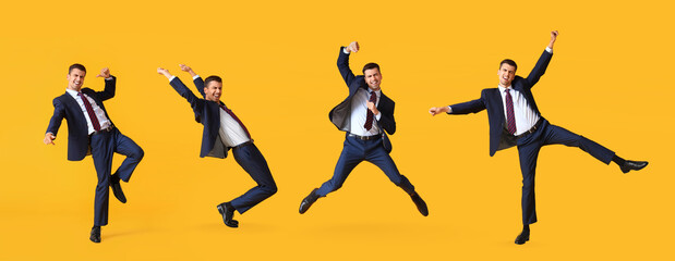 Collage of happy dancing businessman on yellow background