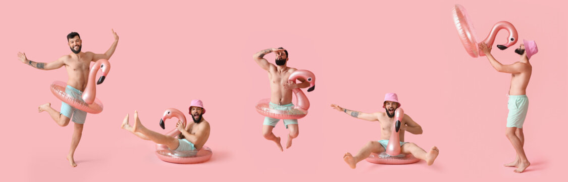 Collage of happy man in swimming trunks and with inflatable ring on pink background