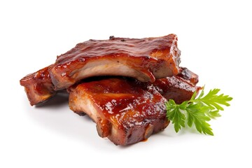 Delicious barbecued spare ribs. Tasty bbq meat, isolated on white background, generate ai