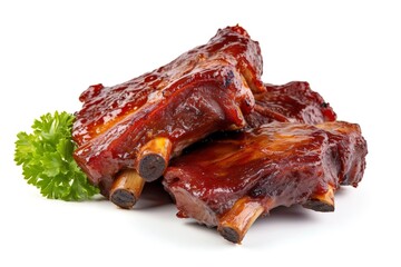 Delicious barbecued spare ribs. Tasty bbq meat, isolated on white background, generate ai