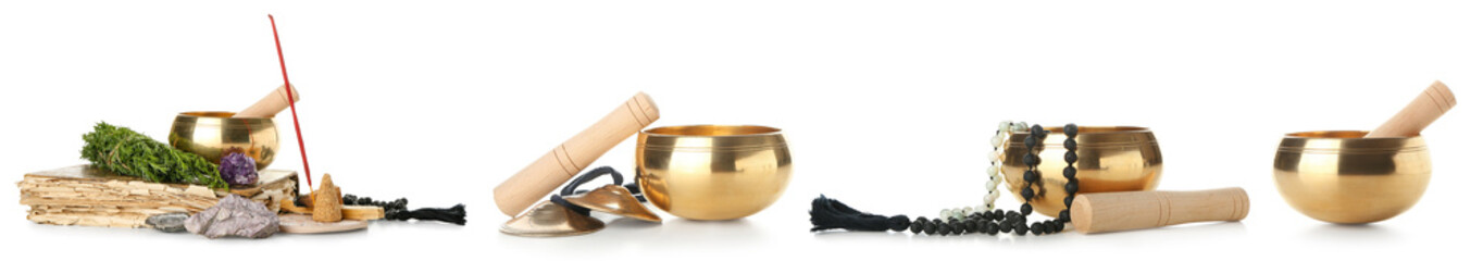 Set of Tibetan singing bowls, beads, herbs, incense and gemstones on white background