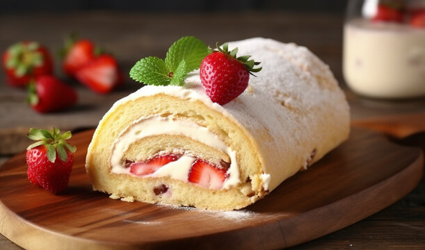 Delicious cake roll with strawberries and cream on wooden board, closeup, generate ai