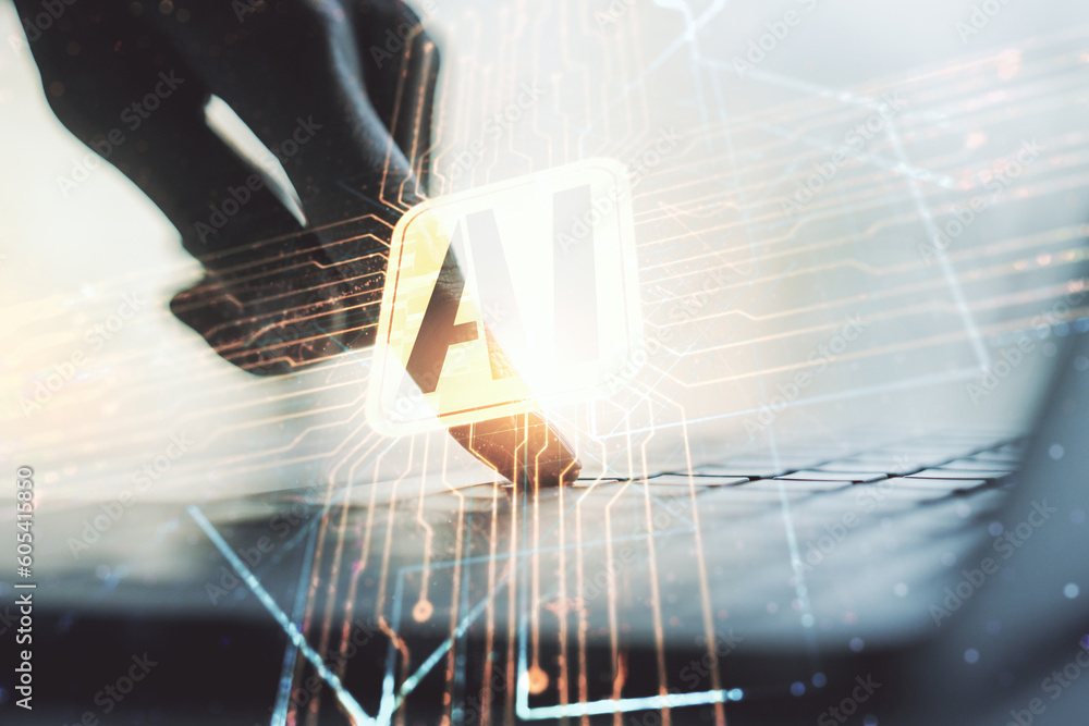 Poster double exposure of creative artificial intelligence icon with hands typing on laptop on background. 