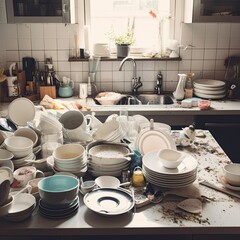 Fototapeta na wymiar Compulsive Hoarding Syndrom - messy kitchen with pile of dirty dishes