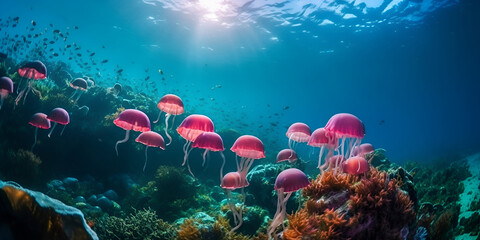 Magical underwater world, jellyfish, algae all in pink colors, biodiversity Generative AI