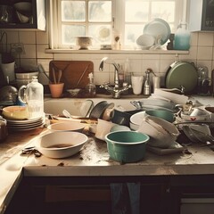 Fototapeta na wymiar Compulsive Hoarding Syndrom - messy kitchen with pile of dirty dishes.AI Generated