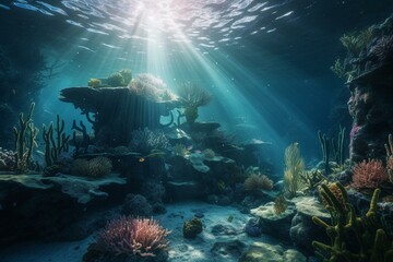 Fototapeta na wymiar Underwater wallpaper featuring a coral reef landscape with vibrant colors and diverse marine life. Generative AI