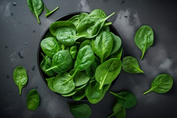 Fresh organic baby spinach leaves. Top view with copy space, generate ai