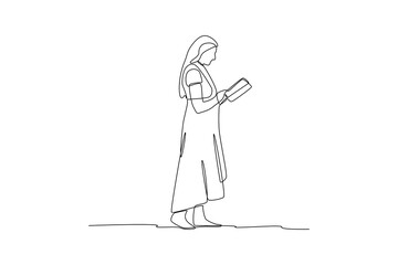 Continuous one-line drawing woman standing and reading a book. Book concept. Single line drawing design graphic vector illustration