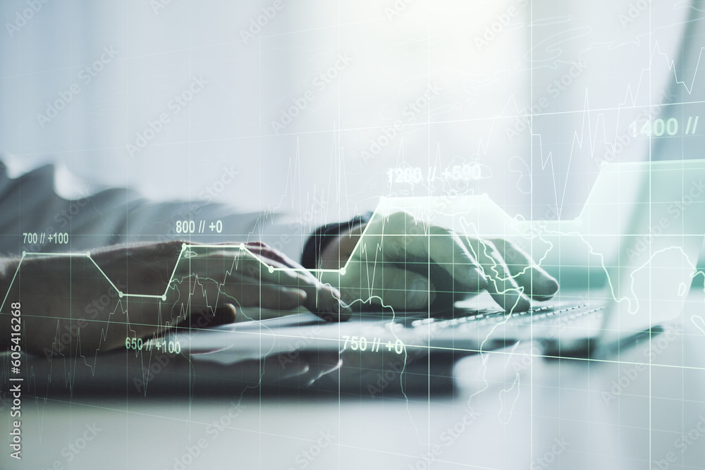 Poster double exposure of abstract creative statistics data hologram with hands typing on laptop on backgro