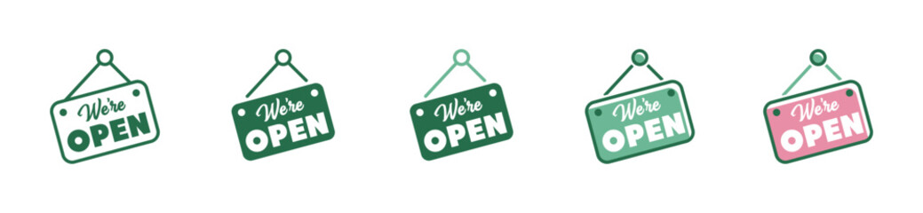 we are open sign icon welcome shop hanging on door symbol vector illustration  - obrazy, fototapety, plakaty