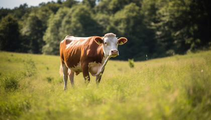 brown cow on a sunny meadow on the run. Light background, generative ai