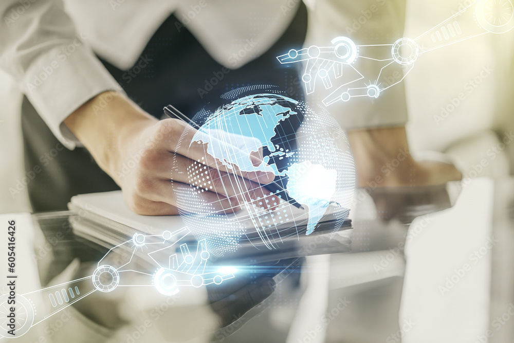 Aufkleber double exposure of robotics technology with world map hologram and man hand writing in notebook on b