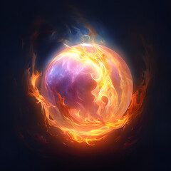 A magical burning glowing orb covered in flames and fire. Generative AI - obrazy, fototapety, plakaty