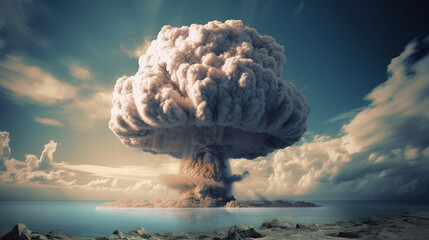 Nuclear explosion in city nuke bomb mushroom radioactive cloud. Atomic bomb in the city symbol of war end of the world nuclear explosion catastrophe. Realistic 3D illustration. Generative AI - obrazy, fototapety, plakaty