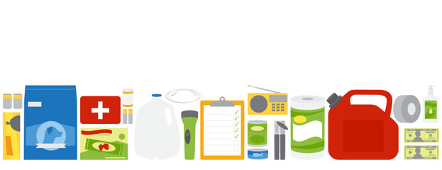 A set of emergency supplies, hurricane and disaster preparedness items in a wide horizontal row with copy space.

