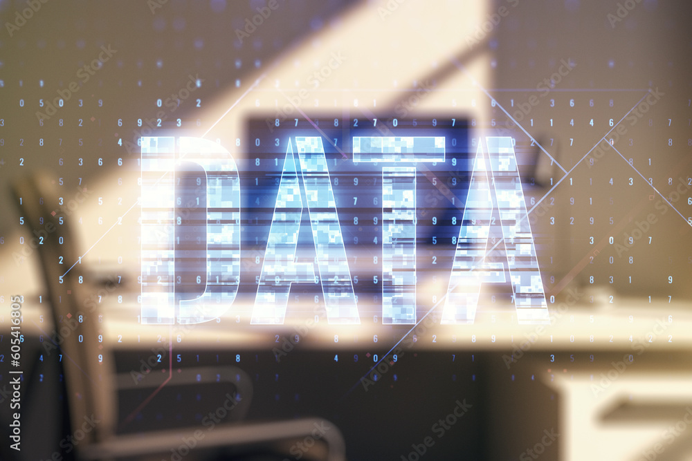 Aufkleber creative data word hologram and modern desk with computer on background, big data and blockchain con