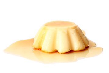 Delicious pudding covered by caramel syrup isolated on white background