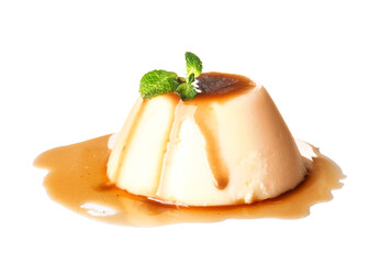 Delicious pudding and mint covered by caramel syrup isolated on white background