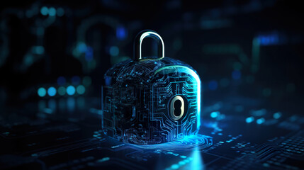 Network security concept data security lock with blue neon effect. Padlock with keyhole in data security on circuit modern safety digital concept. Realistic 3D illustration. Generative AI