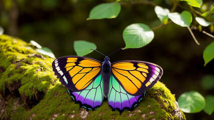 Gros plan d'un papillon coloré sur une roche mousseuse