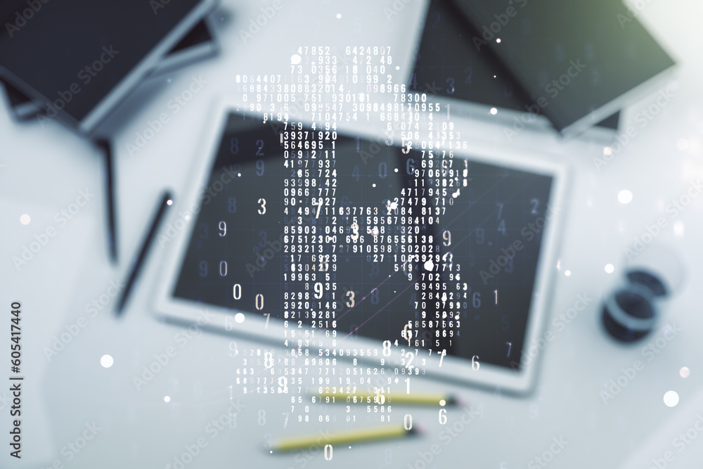 Poster Double exposure of creative Bitcoin symbol hologram and modern digital tablet on background. Mining and blockchain concept