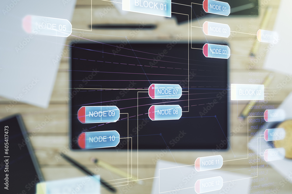 Aufkleber double exposure of abstract programming language hologram and digital tablet on background, top view
