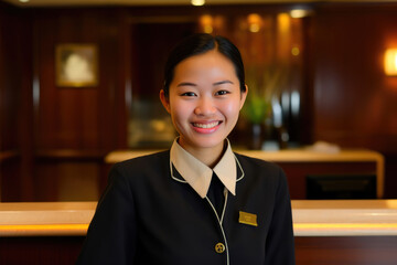 Friendly beautiful female hotel clerk with a big smile in light luxury hotel. Generative AI
