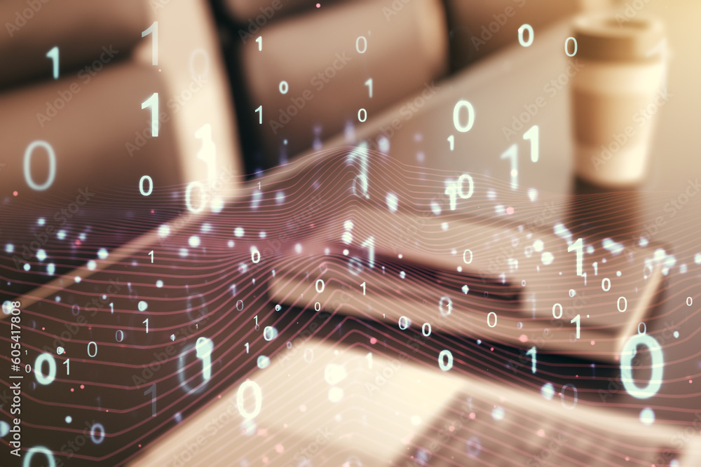 Leinwandbilder Creative abstract binary code hologram on modern computer background, AI and machine learning concept. Multiexposure