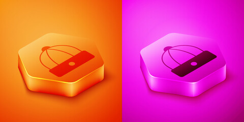 Isometric Chinese hat icon isolated on orange and pink background. Hexagon button. Vector