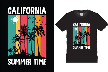 California summer time, summer beach sunshine vector print design, ' calligraphic handwritten hand crafted t-shirt apparel fashion design. Retro vector ink drawing illustration of sun and palm trees