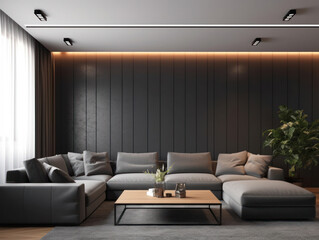 sofa in a modern living room with a monochromatic color scheme and sleek design elements. The background features a wall finished in a dark charcoal gray
