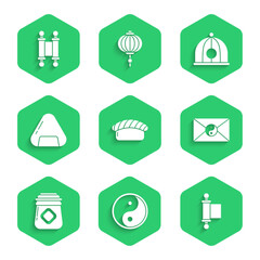 Set Sushi, Yin Yang, Decree, paper, parchment, scroll, and envelope, Jar of honey, Chinese hat and icon. Vector
