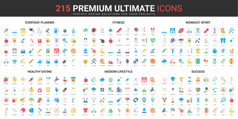 Fototapeta na wymiar Modern lifestyle and sport workout color flat icons set vector illustration. Abstract symbols of daily healthy food and fitness planner application, success diet simple design for mobile and web apps