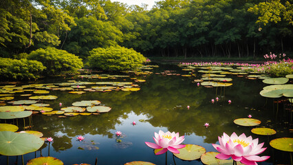 Etang rempli de nenuphar et fleurs de lotus