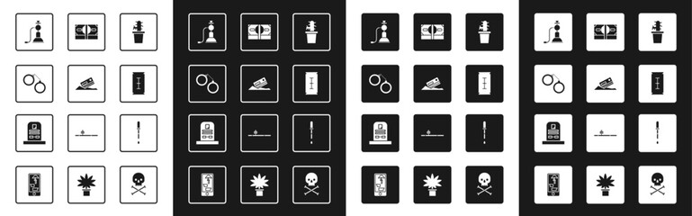 Set Cactus peyote in pot, Cocaine and credit card, Handcuffs, Hookah, Blade razor, Stacks paper money cash, Pipette and Tombstone with RIP written icon. Vector