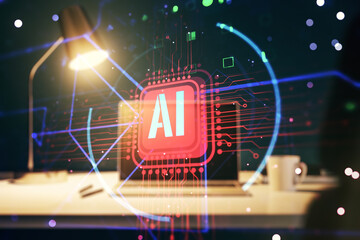 Double exposure of creative artificial Intelligence abbreviation with computer on background. Future technology and AI concept