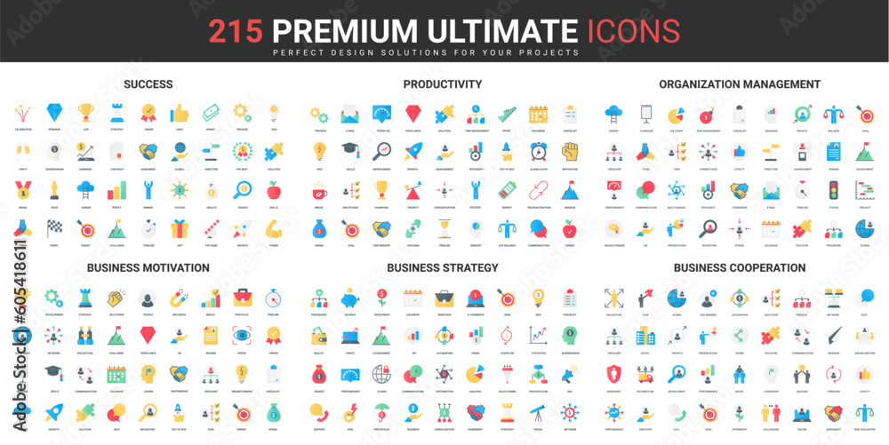 Aufkleber Bussines success of organization management color flat icons set vector illustration. Abstract symbols of productivity, motivation and cooperation of employees simple design for mobile and web apps