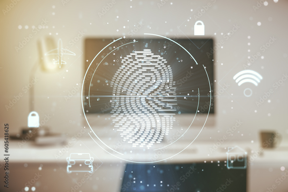 Poster double exposure of abstract creative fingerprint hologram on computer background, protection of pers