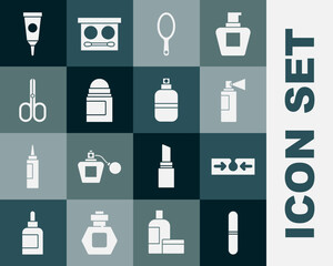 Set Nail file, Acne, Perfume, Hand mirror, Antiperspirant deodorant roll, Scissors, Cream lotion cosmetic tube and icon. Vector