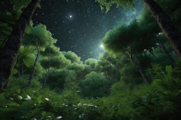 Obraz na płótnie Canvas A forest with a starry sky and a green tree Generative Ai