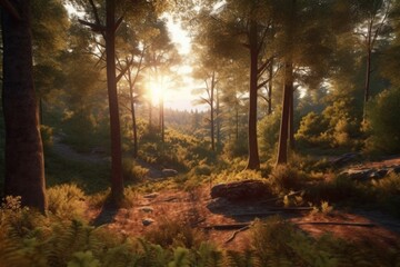 Fototapeta premium A forest scene with the sun shining through the trees Generative Ai