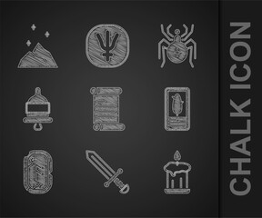 Set Decree, parchment, scroll, Medieval sword, Burning candle, Tarot cards, Magic runes, Ringing alarm bell, Spider and powder icon. Vector