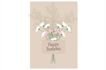 Postcard, Happy Birthday. Bouquet of wild flowers. Meadow flowers. Variety. Cartoon.