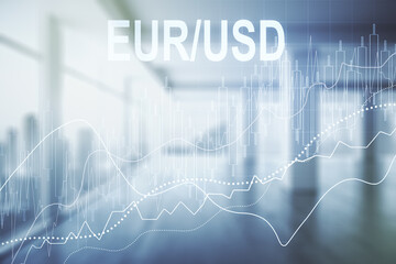 Abstract virtual EURO USD financial chart illustration on empty corporate office background. Trading and currency concept. Multiexposure
