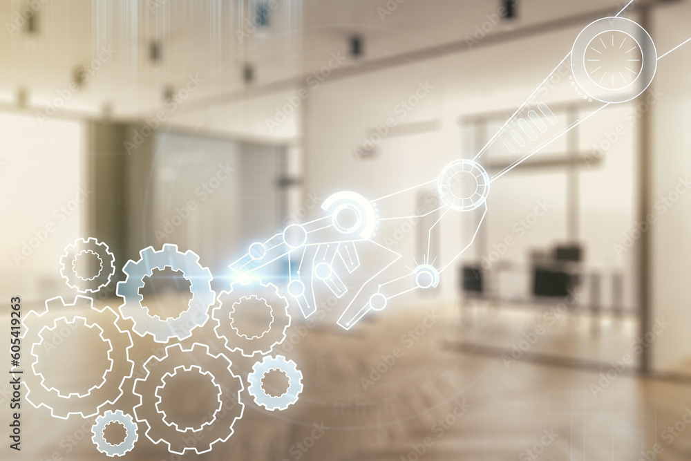Aufkleber double exposure of abstract virtual robotics technology hologram on modern corporate office backgrou