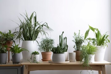 Green houseplants in pots and watering can on wooden table near white wall , generate ai