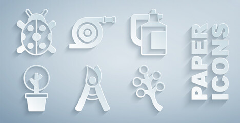 Set Gardening handmade scissors, sprayer for fertilizer, Forest, Blossom tree branch, hose and Ladybug icon. Vector