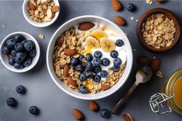 Bowl of greek yogurt with oatmeal granola, banana, blueberry, nuts, chia seeds and honey on gray table. Top view, generate ai